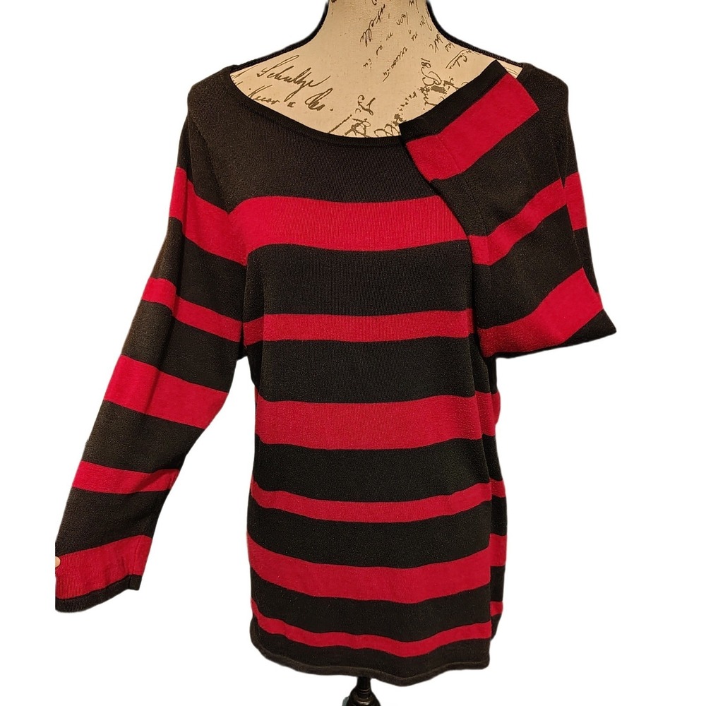 Womens Black Red Horizontal Stripe Boat Neck Fall Knit Tunic Top L Elm St Gothic